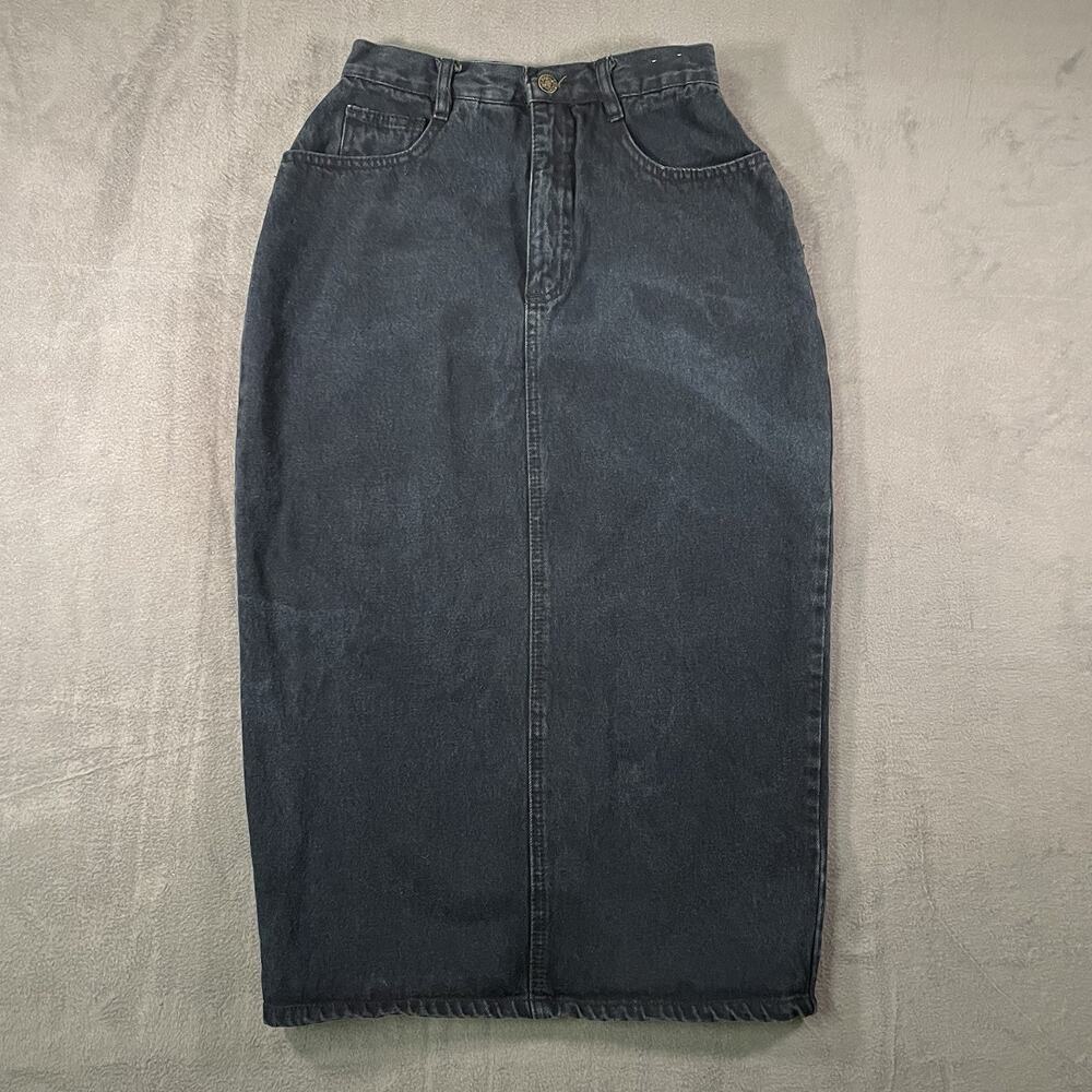 Y2K Baccini Dark Blue Denim Midi Skirt Straight Pencil Button Back Size 5/6 - Picture 1 of 11